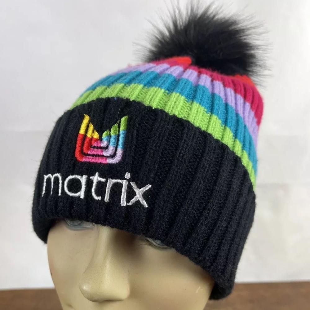 RAINBOW Striped black knit hat Beanie winter KNIT CAP puff pompon top red blue